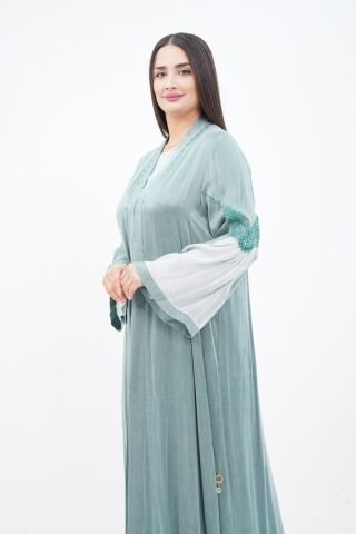 Boncuklu Dantel Aplike Detaylı Abaya Takım Mint - 40-48
