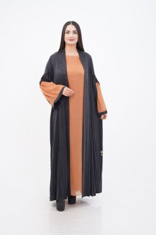 Boncuklu Dantel Aplike Detaylı Abaya Takım Siyah Camel - 40-48
