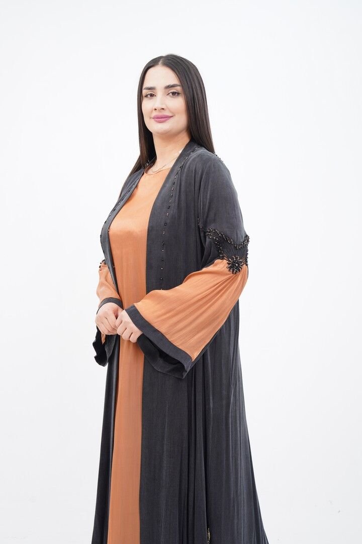 Boncuklu Dantel Aplike Detaylı Abaya Takım Siyah Camel - 40-48