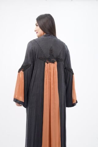 Boncuklu Dantel Aplike Detaylı Abaya Takım Siyah Camel - 40-48