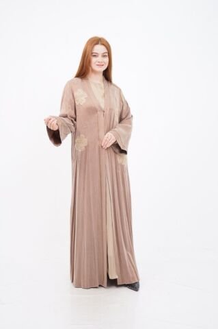 Organze Çiçek Nakışlı Tensel Abaya Takım Bej - 40-48