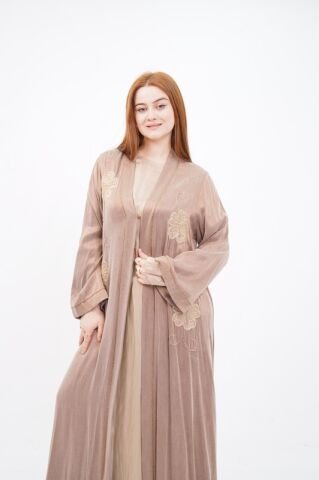Organze Çiçek Nakışlı Tensel Abaya Takım Bej - 40-48