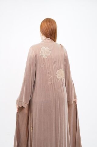 Organze Çiçek Nakışlı Tensel Abaya Takım Bej - 40-48