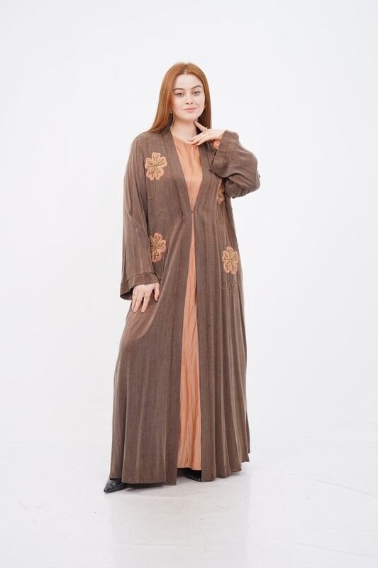 Organze Çiçek Nakışlı Tensel Abaya Takım Camel - 40-48