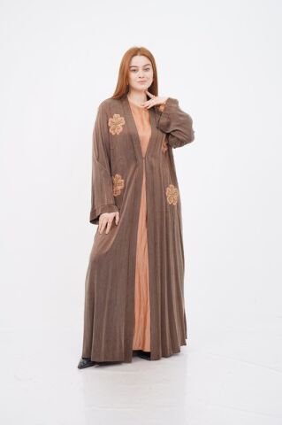 Organze Çiçek Nakışlı Tensel Abaya Takım Camel - 40-48