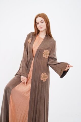 Organze Çiçek Nakışlı Tensel Abaya Takım Camel - 40-48