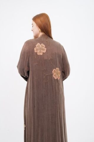 Organze Çiçek Nakışlı Tensel Abaya Takım Camel - 40-48