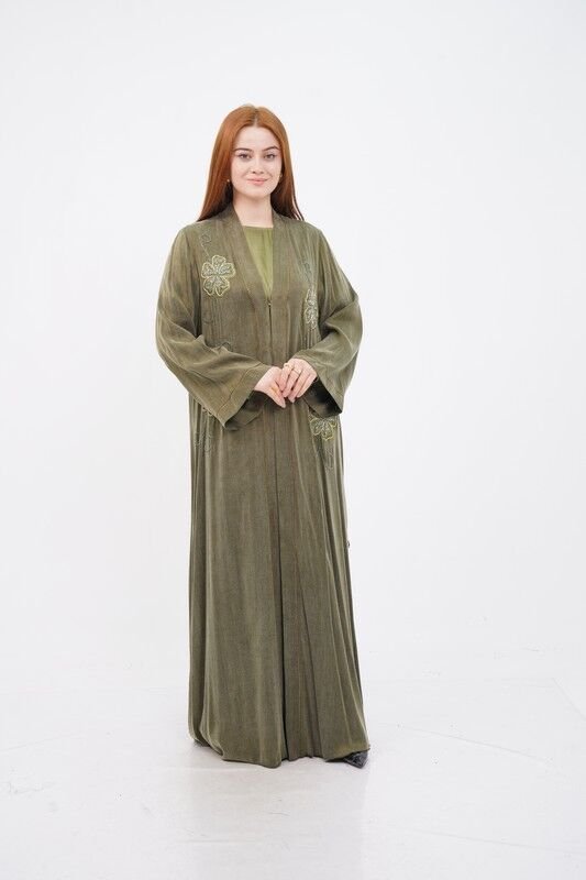 Organze Çiçek Nakışlı Tensel Abaya Takım Haki - 40-48