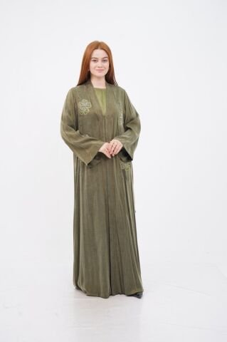 Organze Çiçek Nakışlı Tensel Abaya Takım Haki - 40-48