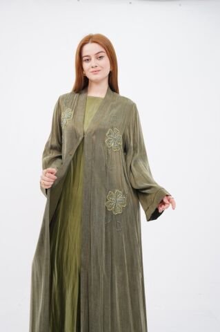 Organze Çiçek Nakışlı Tensel Abaya Takım Haki - 40-48