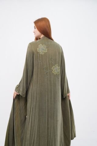Organze Çiçek Nakışlı Tensel Abaya Takım Haki - 40-48