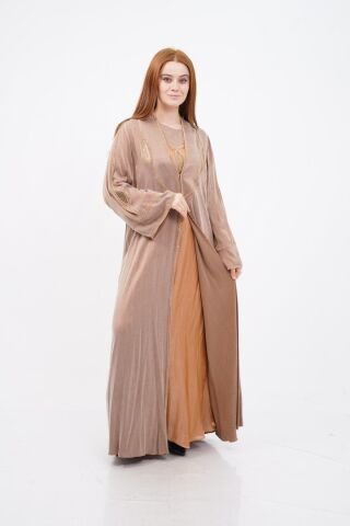 Şerit Taş Detaylı Tensel Abaya Takım Camel - 40-48