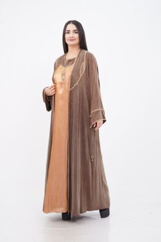 Şerit Taş Detaylı Tensel Abaya Takım Kahve - 40-48