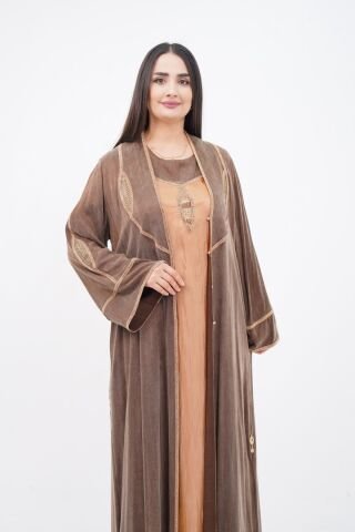Şerit Taş Detaylı Tensel Abaya Takım Kahve - 40-48