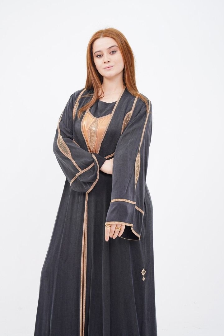 Şerit Taş Detaylı Tensel Abaya Takım Siyah - 40-48