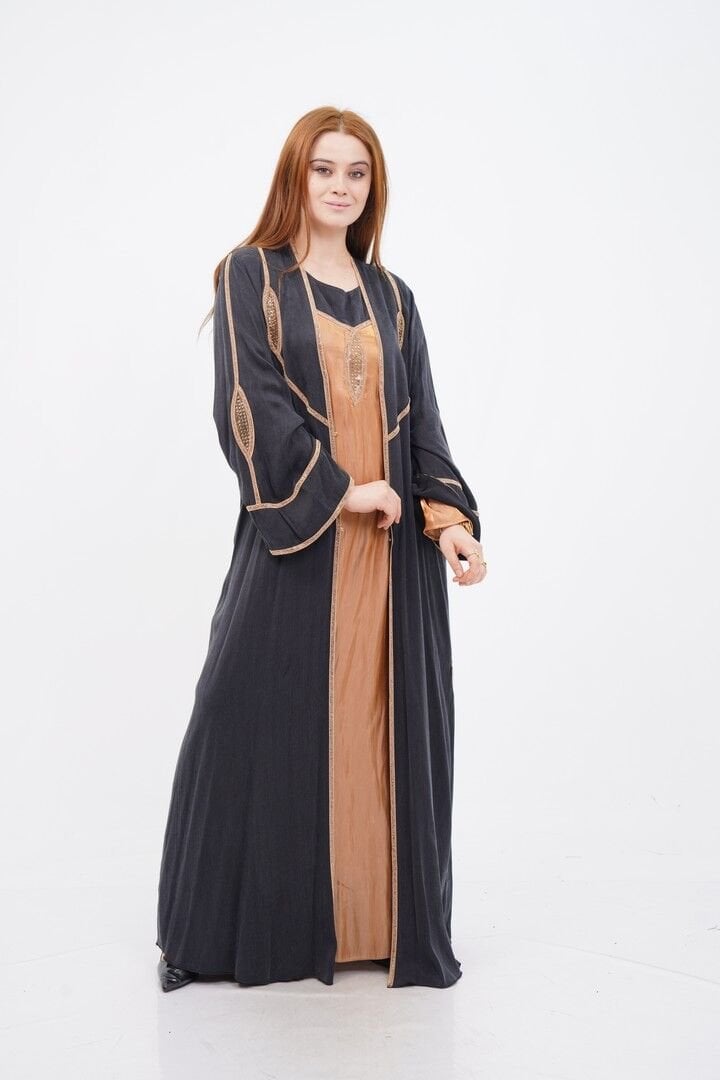 Şerit Taş Detaylı Tensel Abaya Takım Siyah - 40-48