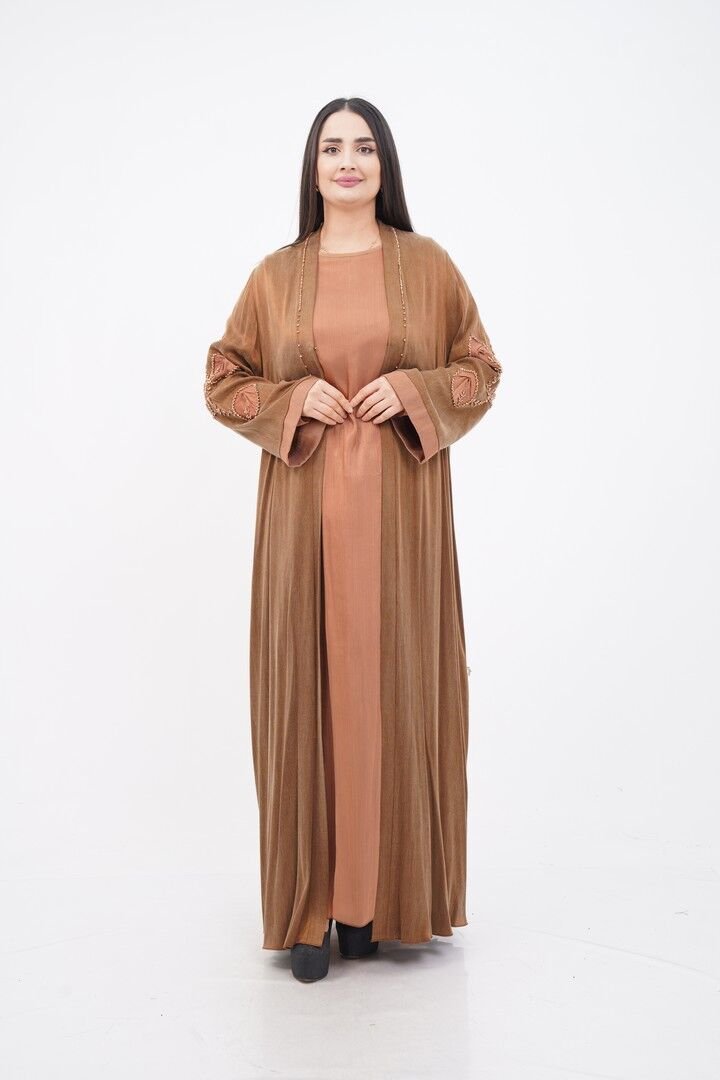 El Yapımı Organze Süslemeli Tensel Abaya Takım Camel - 40-48