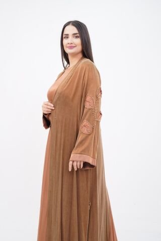 El Yapımı Organze Süslemeli Tensel Abaya Takım Camel - 40-48
