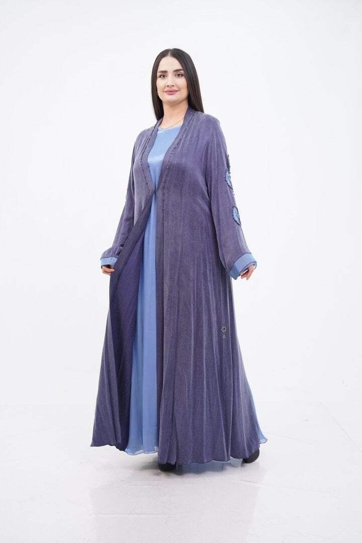 El Yapımı Organze Süslemeli Tensel Abaya Takım Mavi - 40-48