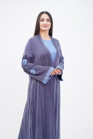 El Yapımı Organze Süslemeli Tensel Abaya Takım Mavi - 40-48