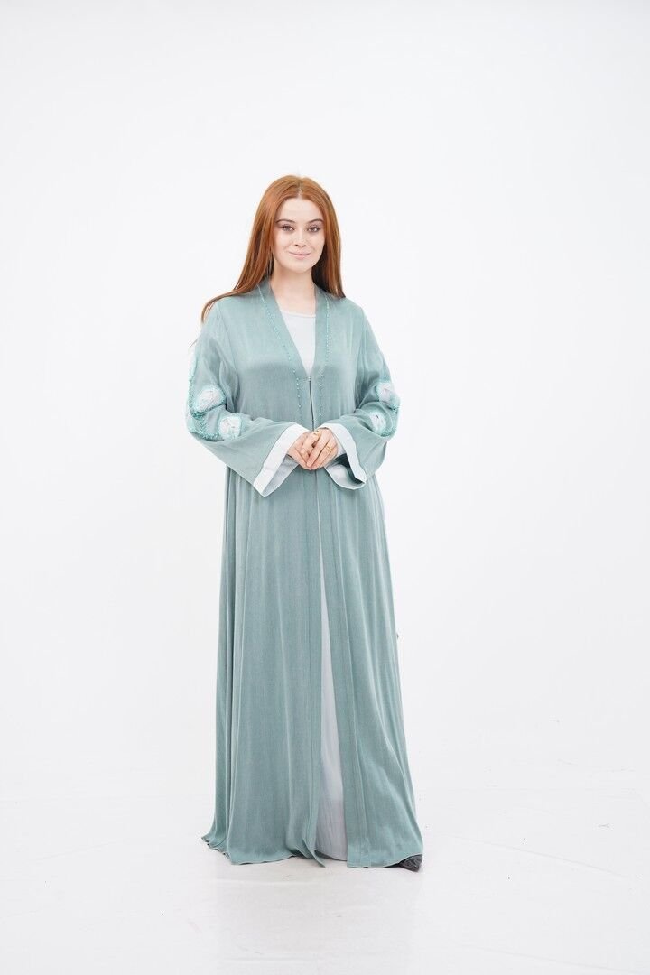 El Yapımı Organze Süslemeli Tensel Abaya Takım Mint - 40-48