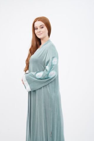 El Yapımı Organze Süslemeli Tensel Abaya Takım Mint - 40-48