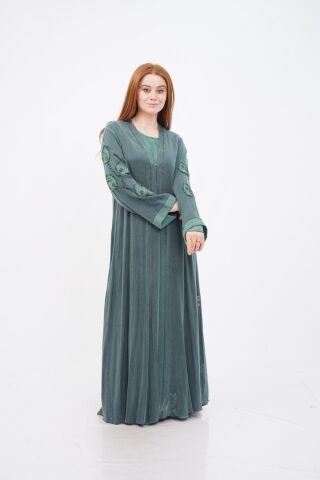 El Yapımı Organze Süslemeli Tensel Abaya Takım Zümrüt - 40-48
