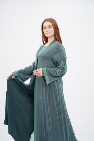 El Yapımı Organze Süslemeli Tensel Abaya Takım Zümrüt - 40-48