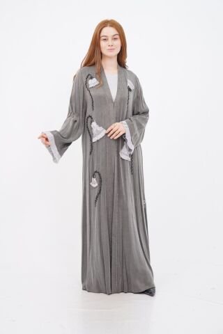 El Yapımı Lale Motif İşlemeli Abaya Takım Gri - 40-48
