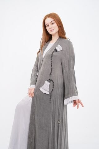 El Yapımı Lale Motif İşlemeli Abaya Takım Gri - 40-48