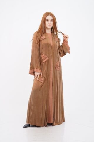 El Yapımı Lale Motif İşlemeli Abaya Takım Kahve - 40-48