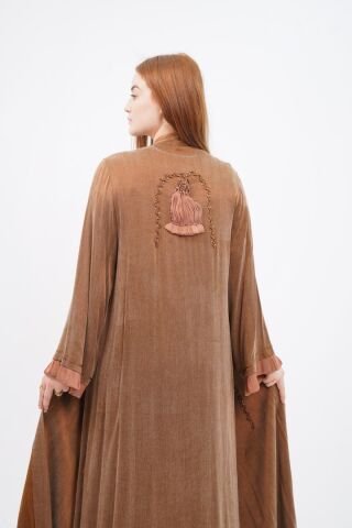 El Yapımı Lale Motif İşlemeli Abaya Takım Kahve - 40-48