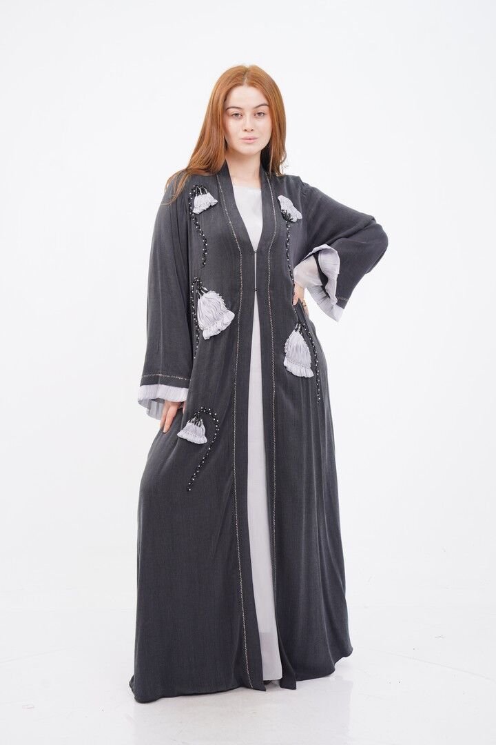 El Yapımı Lale Motif İşlemeli Abaya Takım Siyah - 40-48