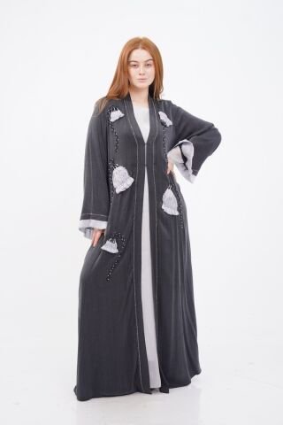 Tulip Motif Embroidered Abaya Set Black - 40-48