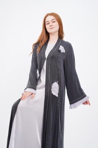 Tulip Motif Embroidered Abaya Set Black - 40-48