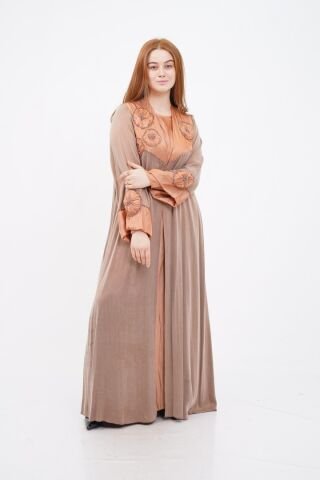 El Yapımı Çiçek Boncuk Süslemeli Abaya Takım Camel - 40-48