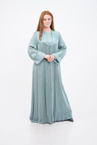El Yapımı Çiçek Boncuk Süslemeli Abaya Takım Mint - 40-48