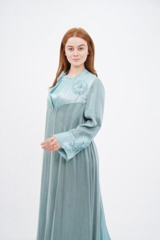 El Yapımı Çiçek Boncuk Süslemeli Abaya Takım Mint - 40-48