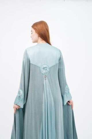 El Yapımı Çiçek Boncuk Süslemeli Abaya Takım Mint - 40-48