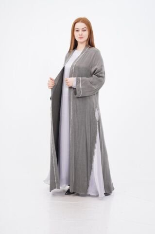 Şerit Taş Detaylı  Tensel Abaya Elbise Takım Gri - 40-48