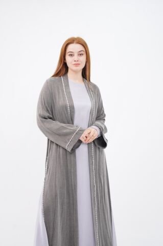 Şerit Taş Detaylı  Tensel Abaya Elbise Takım Gri - 40-48