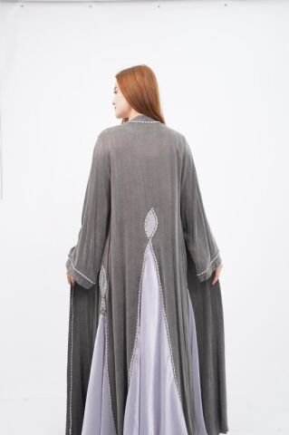 Şerit Taş Detaylı  Tensel Abaya Elbise Takım Gri - 40-48