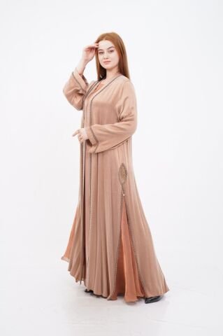 Şerit Taş Detaylı  Tensel Abaya Elbise Takım Camel - 40-48