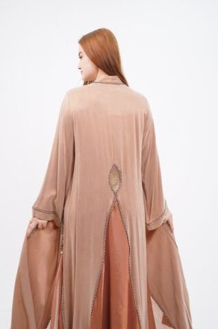 Şerit Taş Detaylı  Tensel Abaya Elbise Takım Camel - 40-48