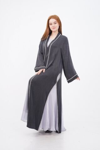 Şerit Taş Detaylı  Tensel Abaya Elbise Takım Siyah - 40-48