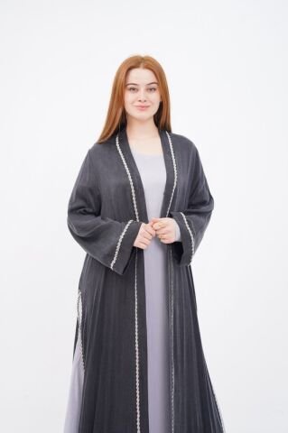 Şerit Taş Detaylı  Tensel Abaya Elbise Takım Siyah - 40-48