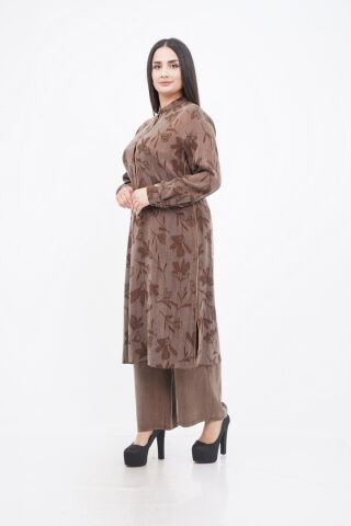 Çiçek Desen Yırtmaçlı Tensel Tesettür Takım Camel - 40-48