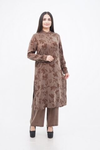 Çiçek Desen Yırtmaçlı Tensel Tesettür Takım Camel - 40-48