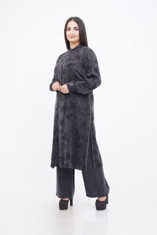 Çiçek Desen Yırtmaçlı Tensel Tesettür Takım Siyah - 40-48