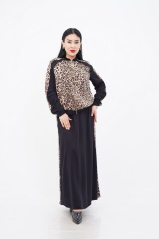 Taş Şerit Detaylı Leopar Desen Ceket Etek Takım
